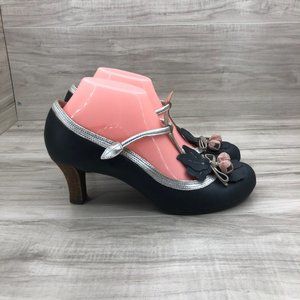 Anthropologie Miss Albright Heels Women's 9 B Blue Leather Budding T Strap Slip